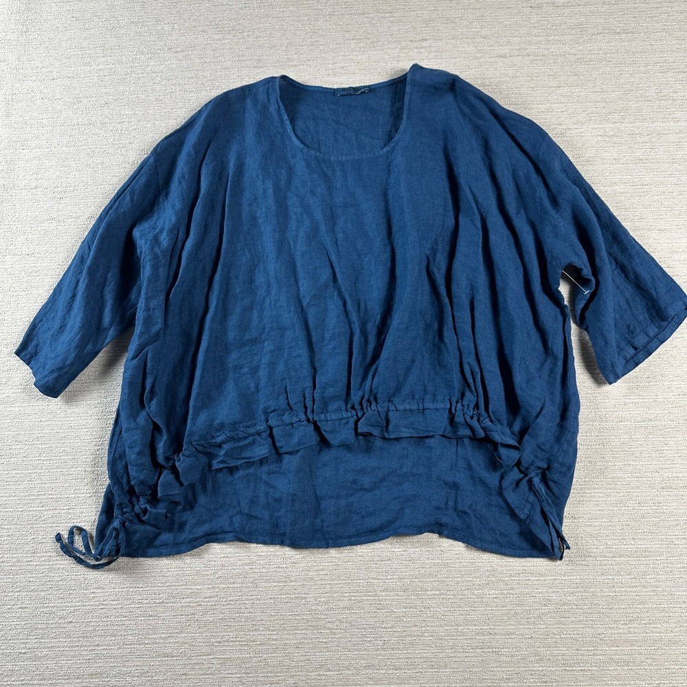 Boho Lagenlook Linen Tunic Top Italian Blue Oversized Drawstring 100% Linen OS